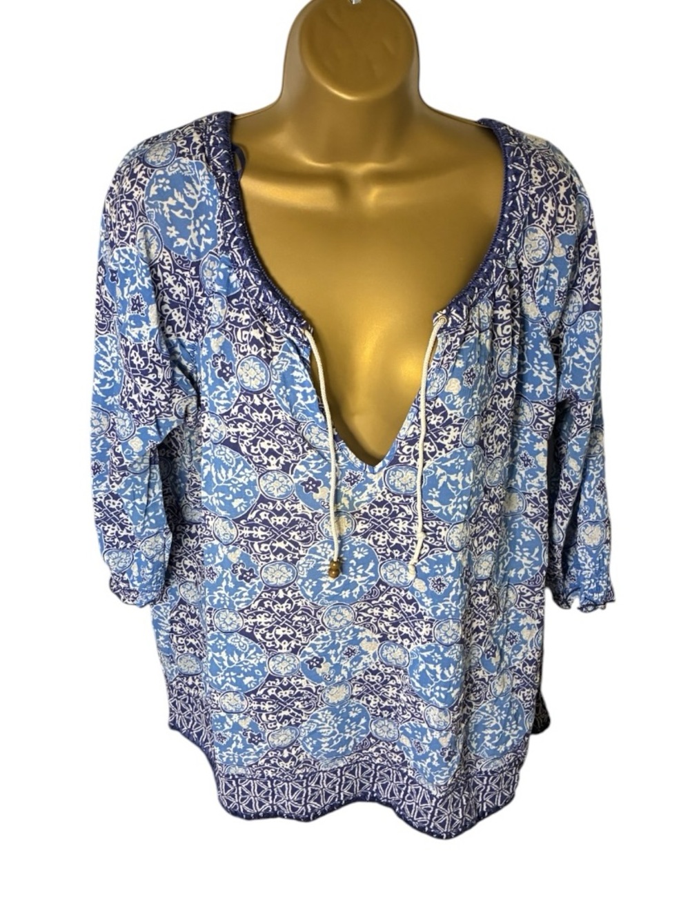 Y2K Eddie Bauer Peasant Blouse Paisley Floral Gauze Blue White XXL